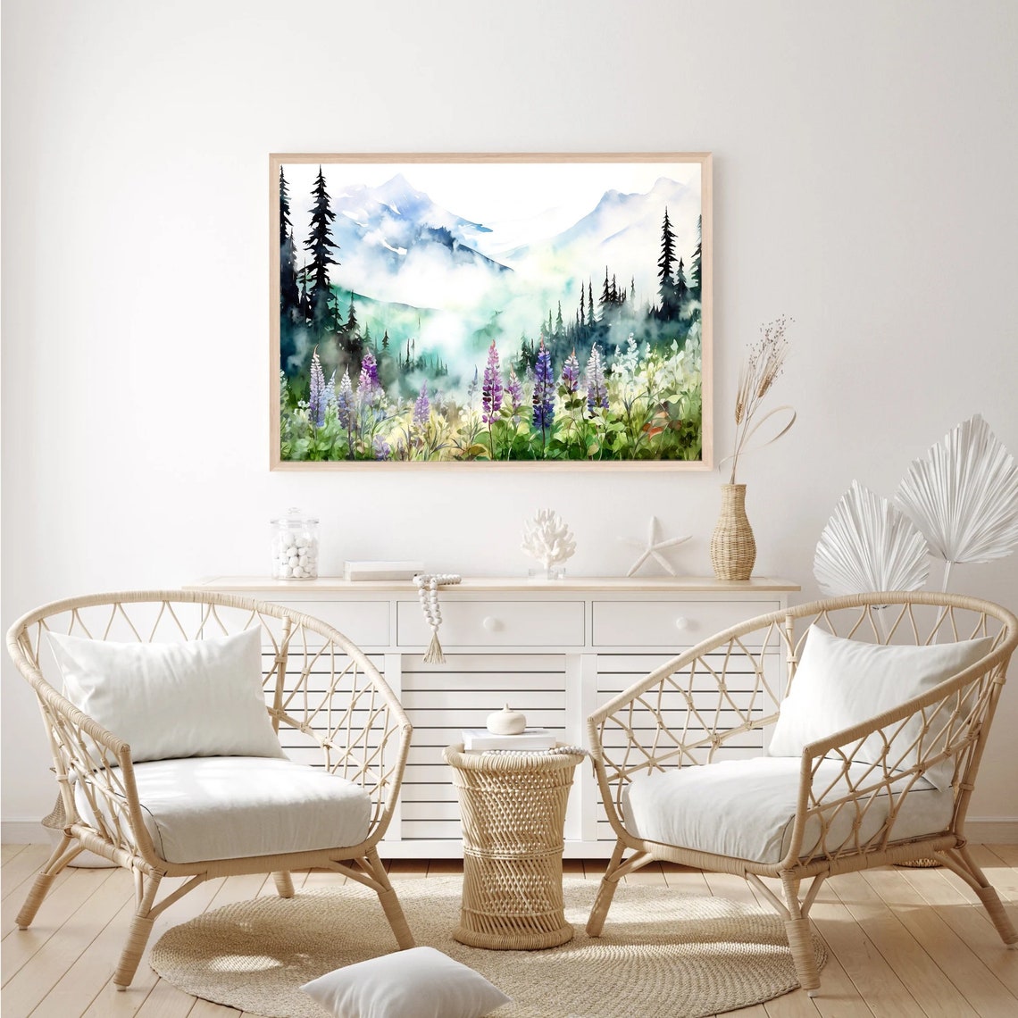 Misty Blue Mountain Peaks Purple Lupine Meadow Watercolor Poster - Image 3