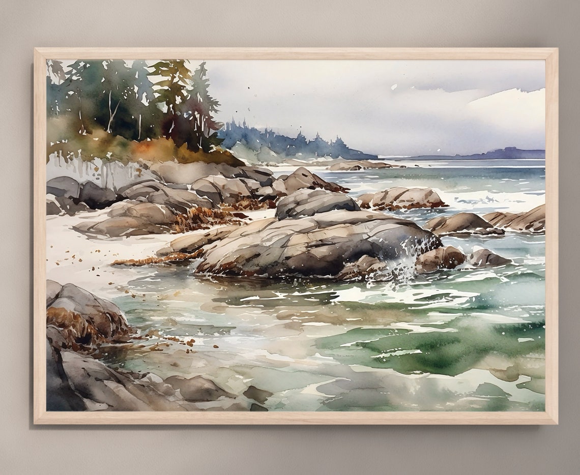 Rocky Shore Waves Crashing on a Pine Coast Watercolor Poster - Image 2