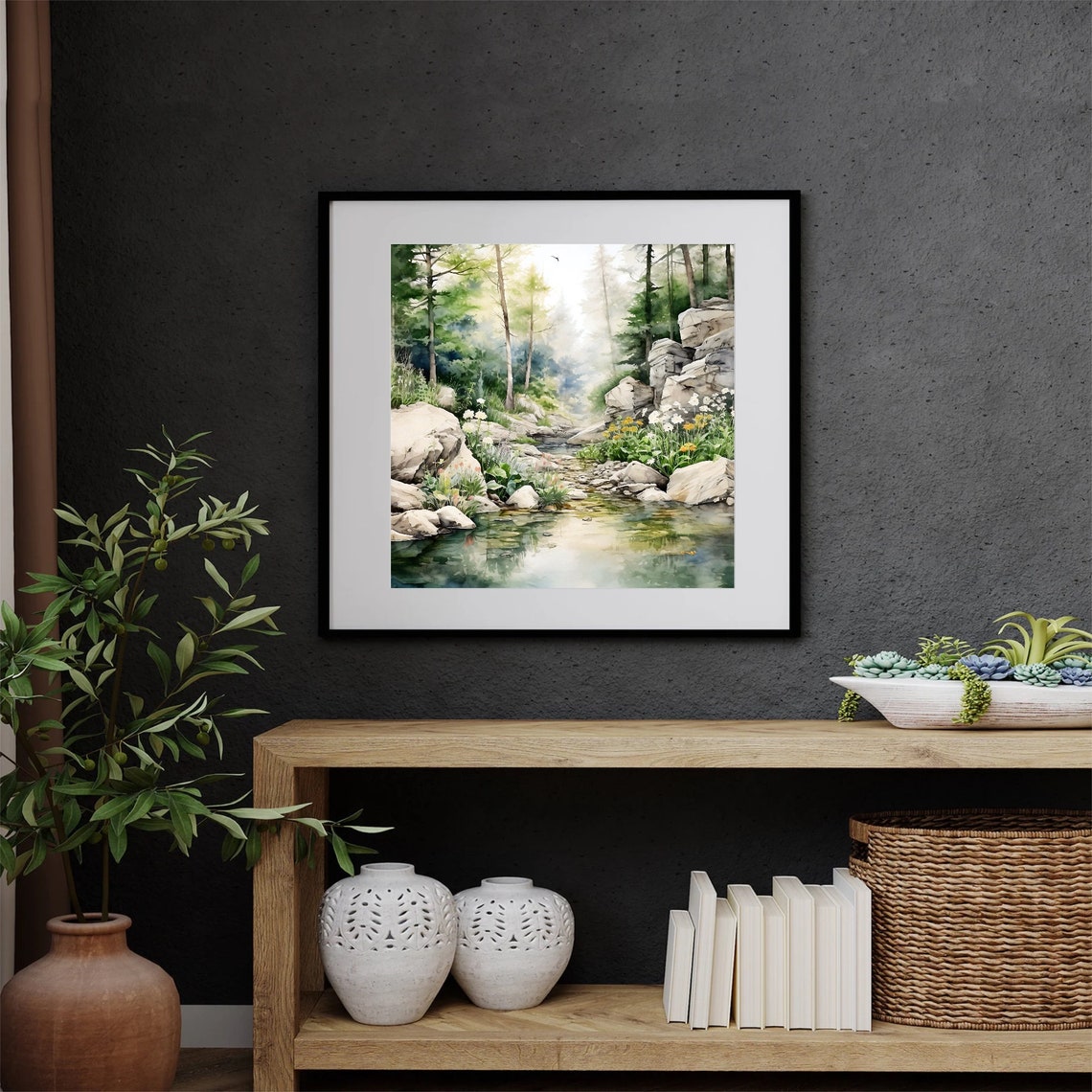 Misty Stream Through Boulders Wildflowers Soft Watercolor Poster - Image 2