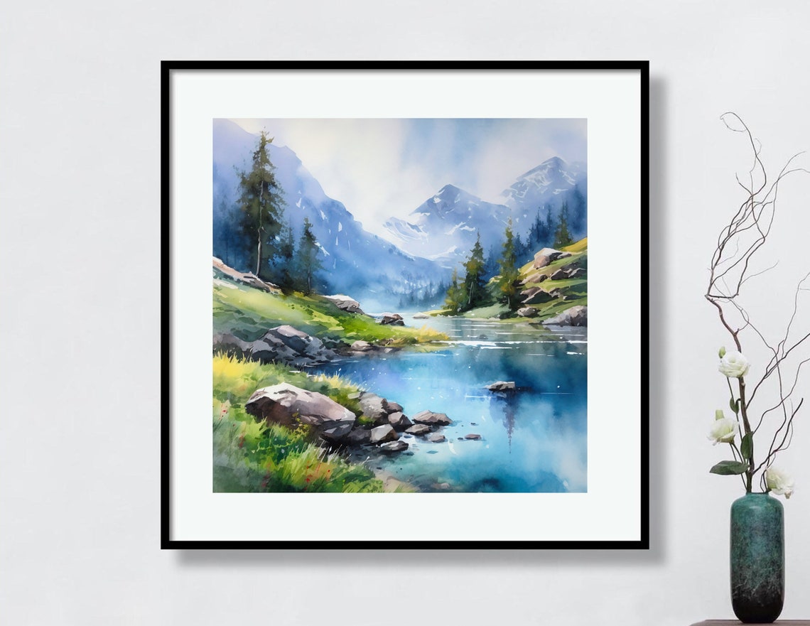 Blue Alpine Lake Watercolor with Snowy Peaks and Meadow Poster - Image 4