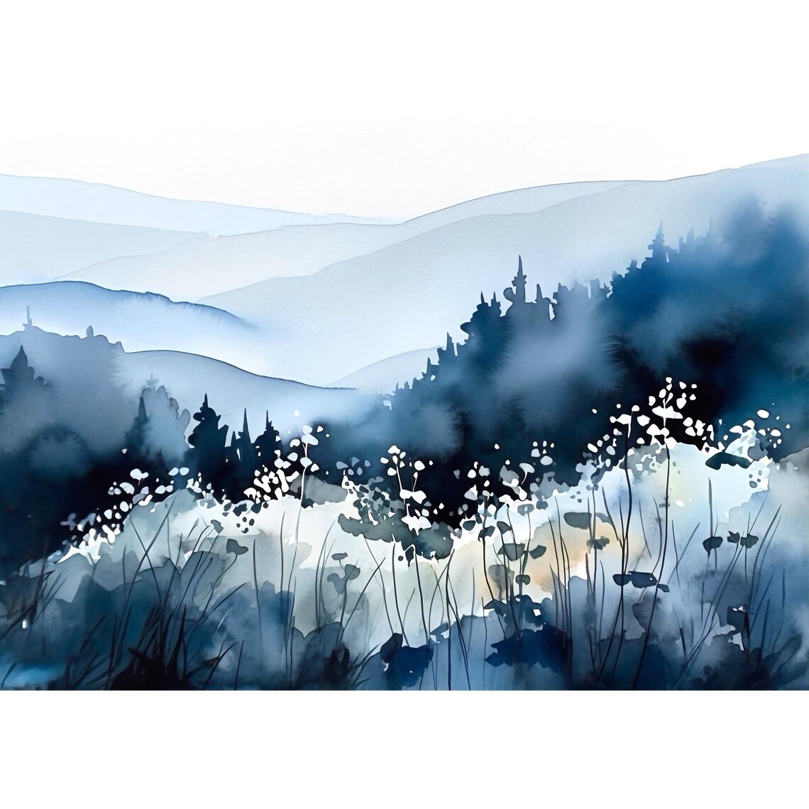 Blue Misty Mountain Ridges Wildflowers Watercolor Landscape Poster - Image 3
