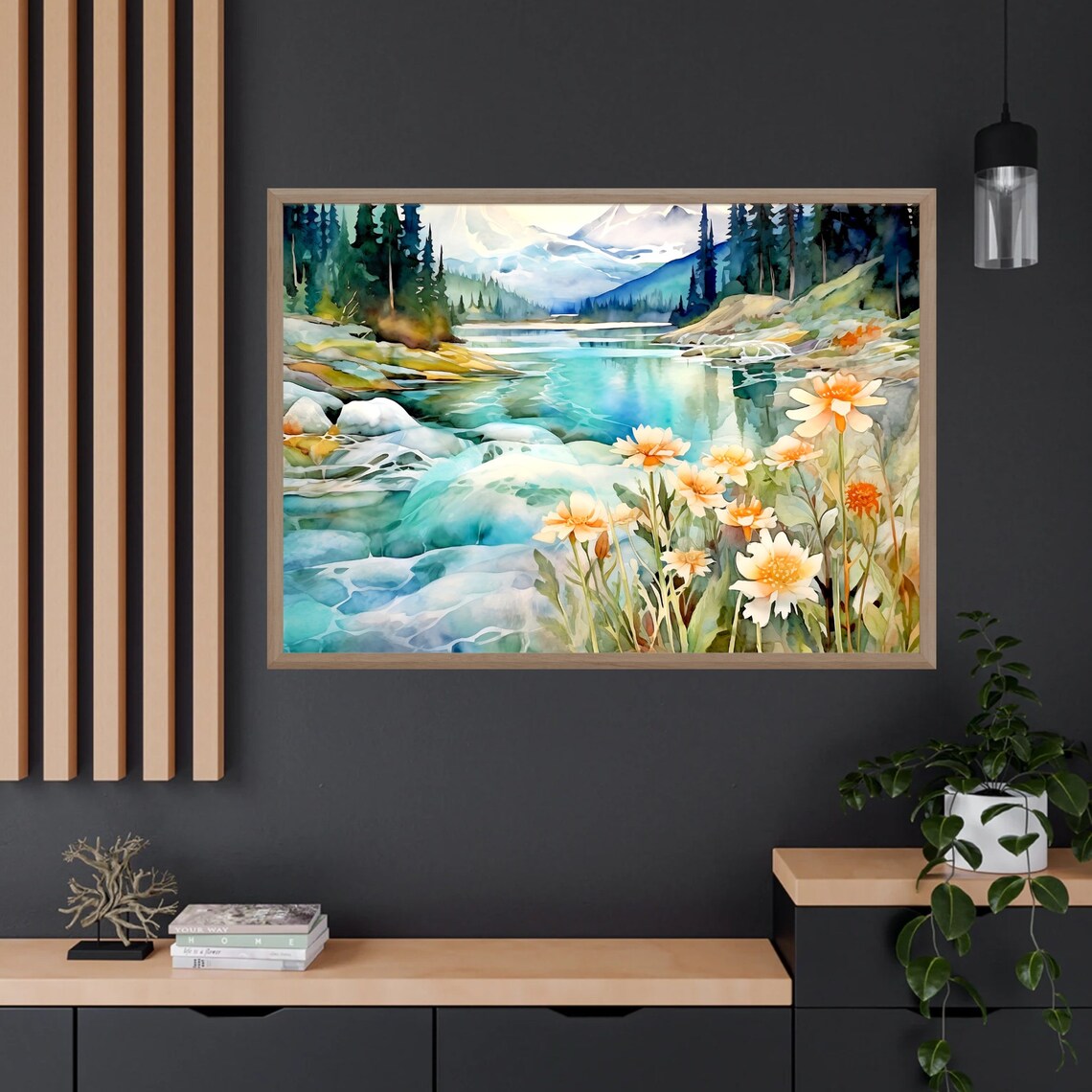 Mountain Landscape With Lake Meadow Flowers Art Print - Image 3