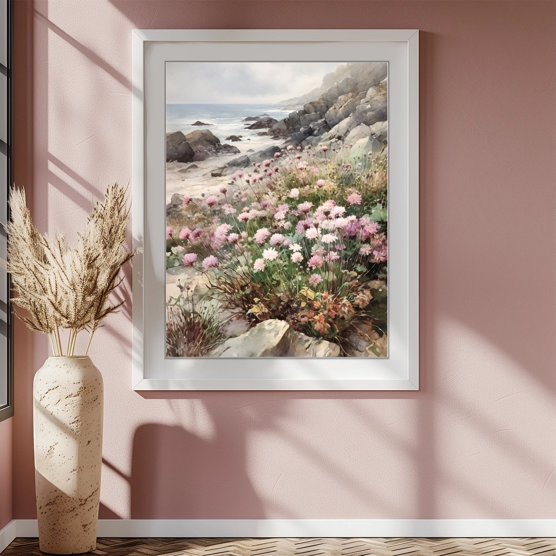 Rocky Coastline Pink Wildflowers Ocean Waves Watercolor Nature Poster - Image 4
