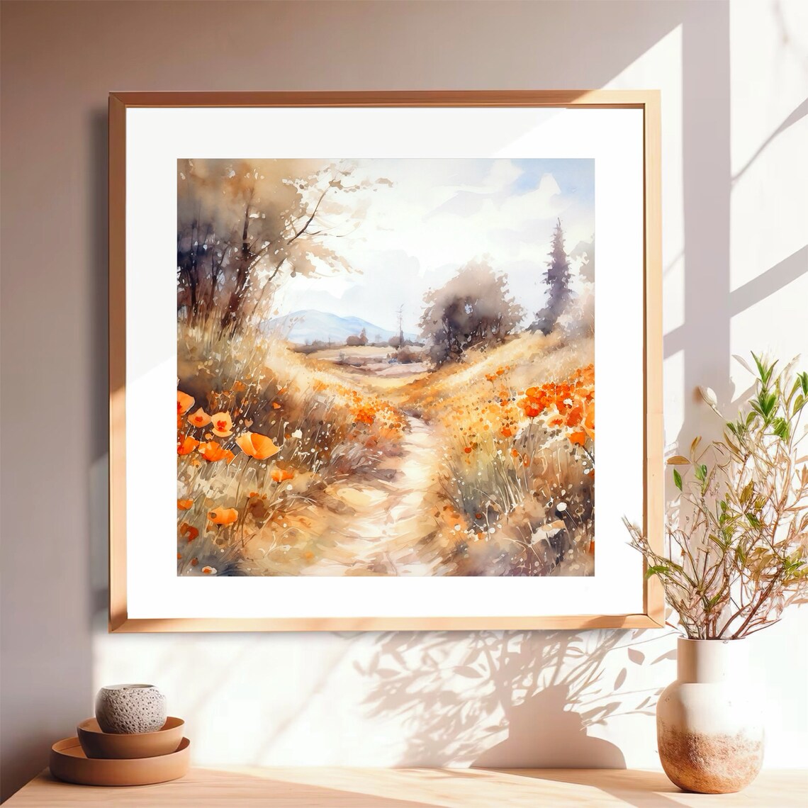 Orange Poppy Hillside Trail Summer Watercolor Nature Art Poster - Image 5