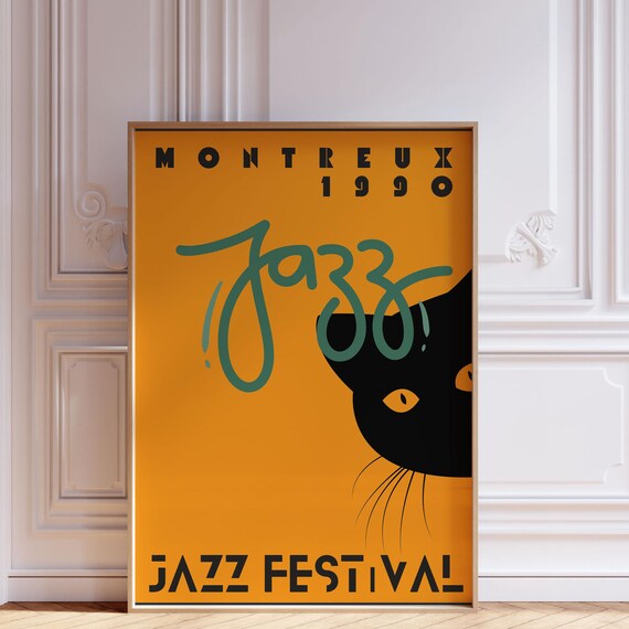 Montreux 1990 Jazz Festival Black Cat Swiss Retro Concert Poster