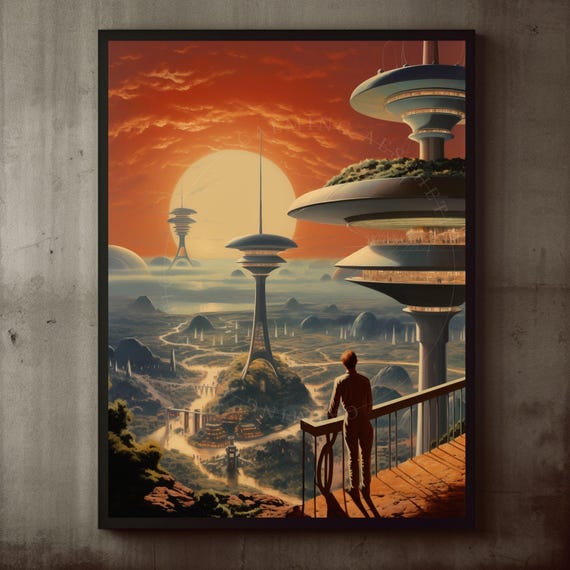 Poster Retro Scifi Multidimensional Space Landscape Sunset Wall Art Print Futuristic Decor Vintage Cosmic
