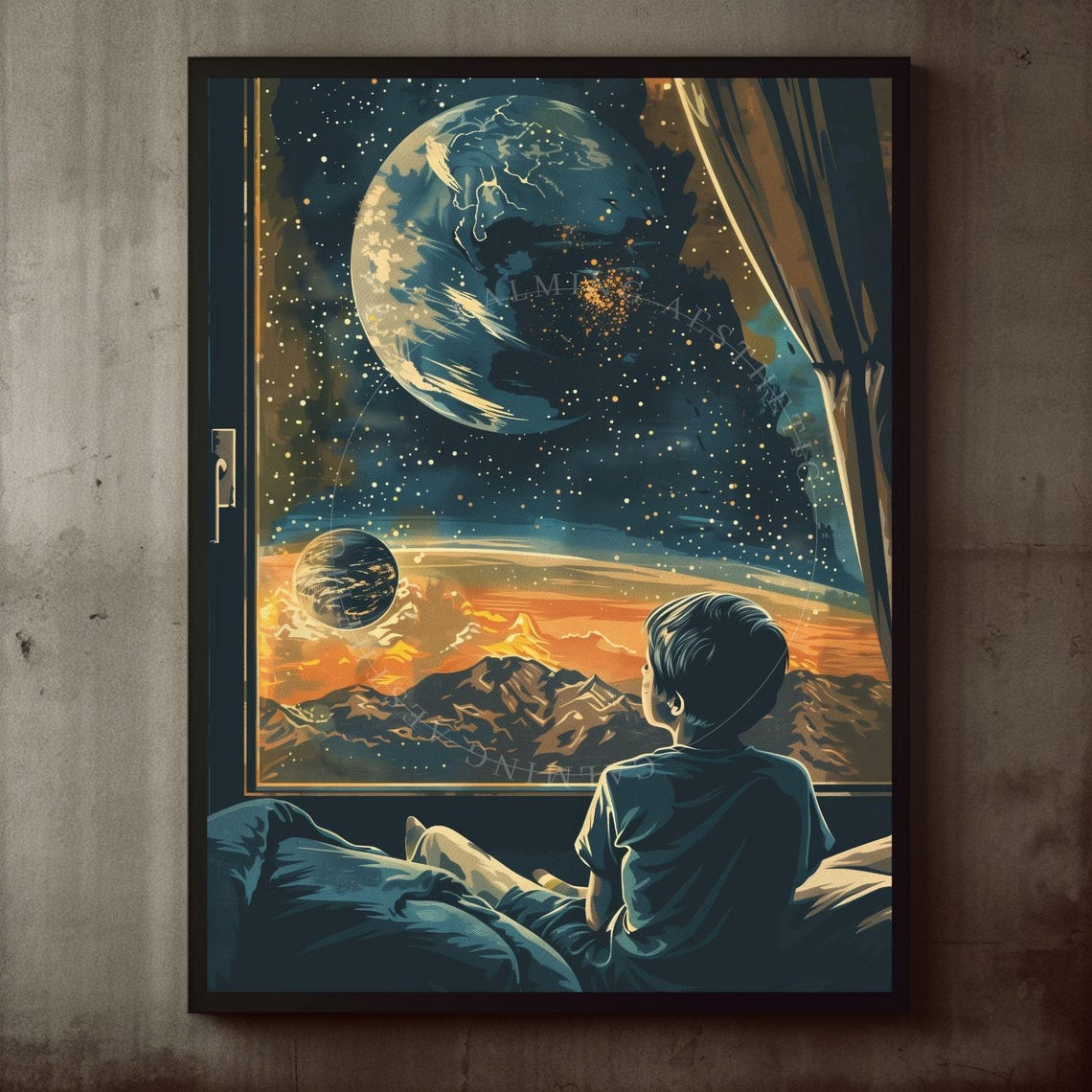 Dreamy Space Boy Gazing At Glowing Planets From Window SciFi Poster