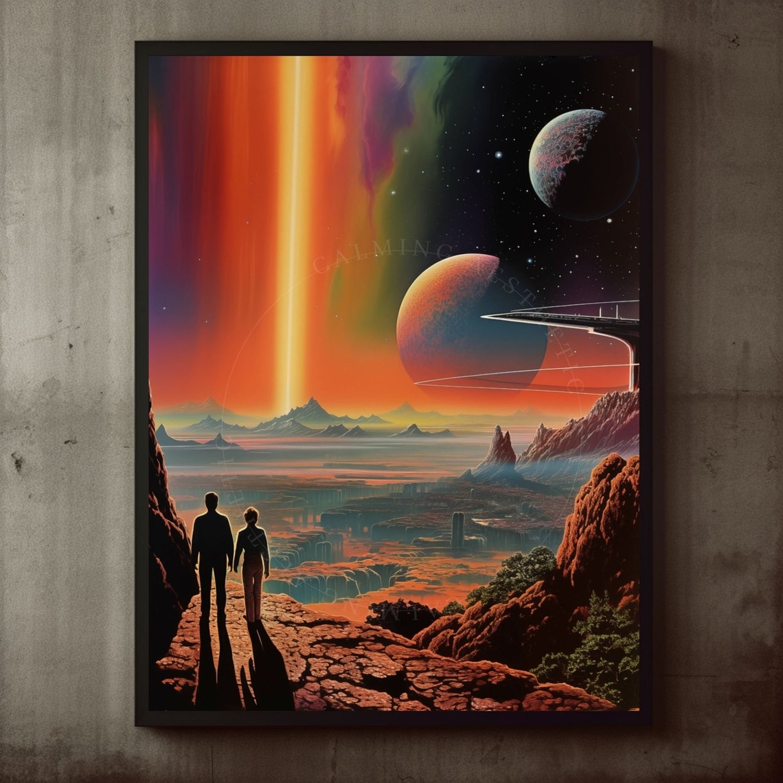 Vintage Retro Sci-Fi Alien World Space Sunset Landscape Poster