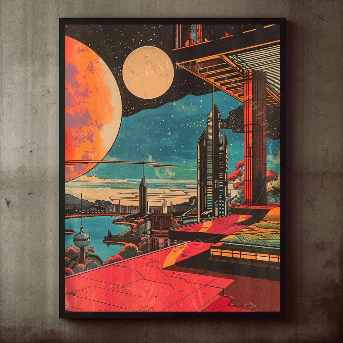 Retro Futuristic Cityscape Penthouse Twin Moons SciFi Poster