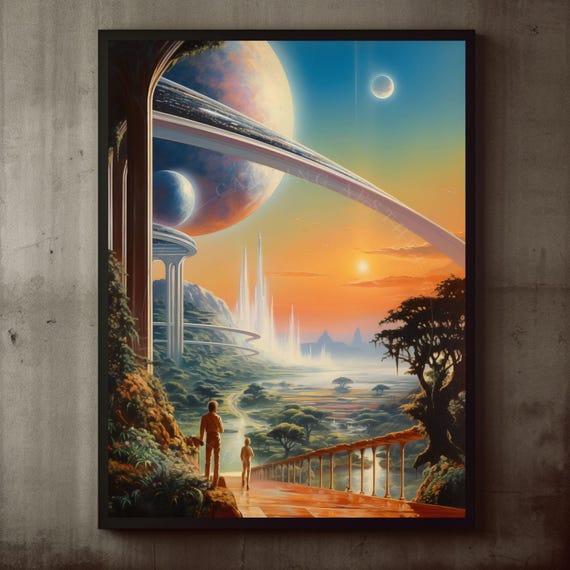Poster Retro Futurism Expansive Sunset Landscape Wall Art Print Scifi Futuristic Planet Surreal Cosmic Midcentury Space Decor Vintage