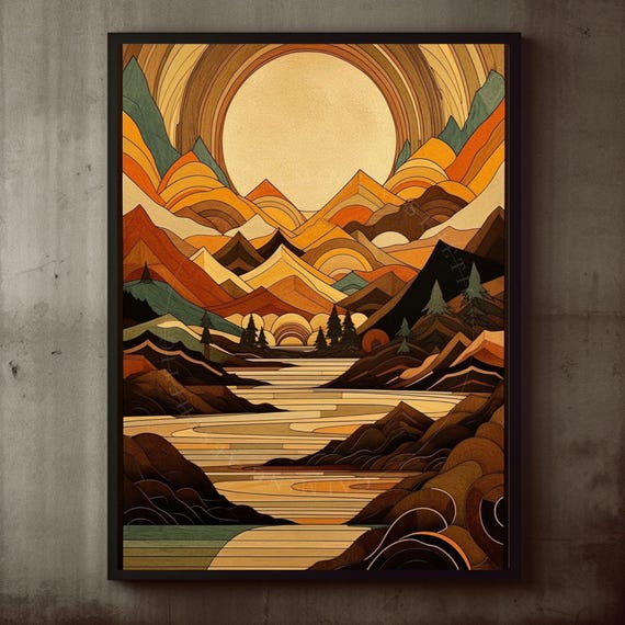 Poster Abstract Wood Style Sun Mountain River Landscape Wall Art Print Nordic Nature Midcentury Modern Boho Home