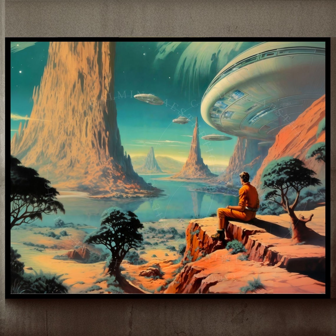 Retro Sci Fi Spaceman Watching Flying Saucers Alien Planet Poster