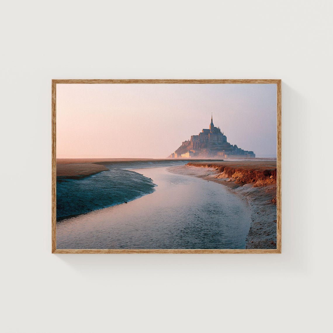 Mont Saint Michel Abbey at Dawn Tidal Stream Serene Travel Poster