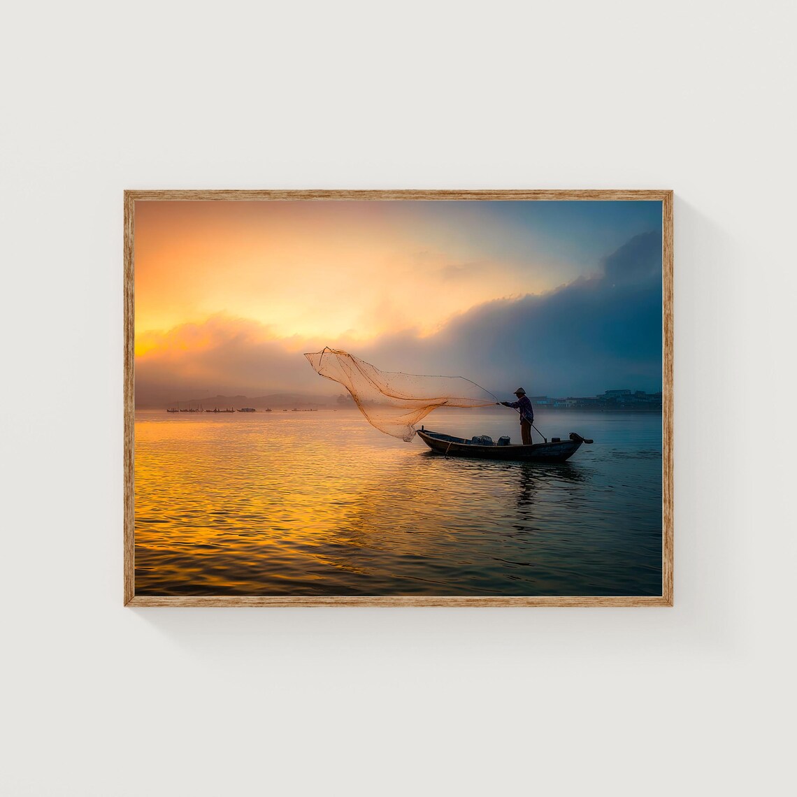 Vietnam Fisherman Casting Net at Sunrise Golden Water Scene Poster