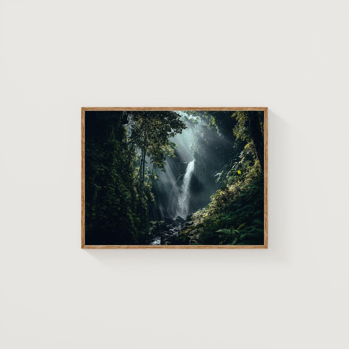 Bali Jungle Waterfall Misty Rainforest Light Rays Nature Photo Print