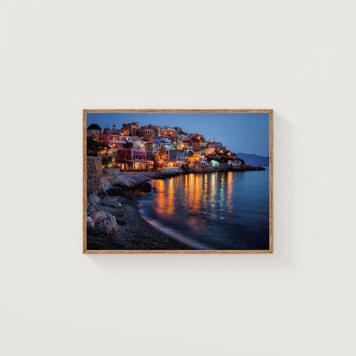 Mediterranean Coastal Town at Dusk Lights Harbor Glow Poster
