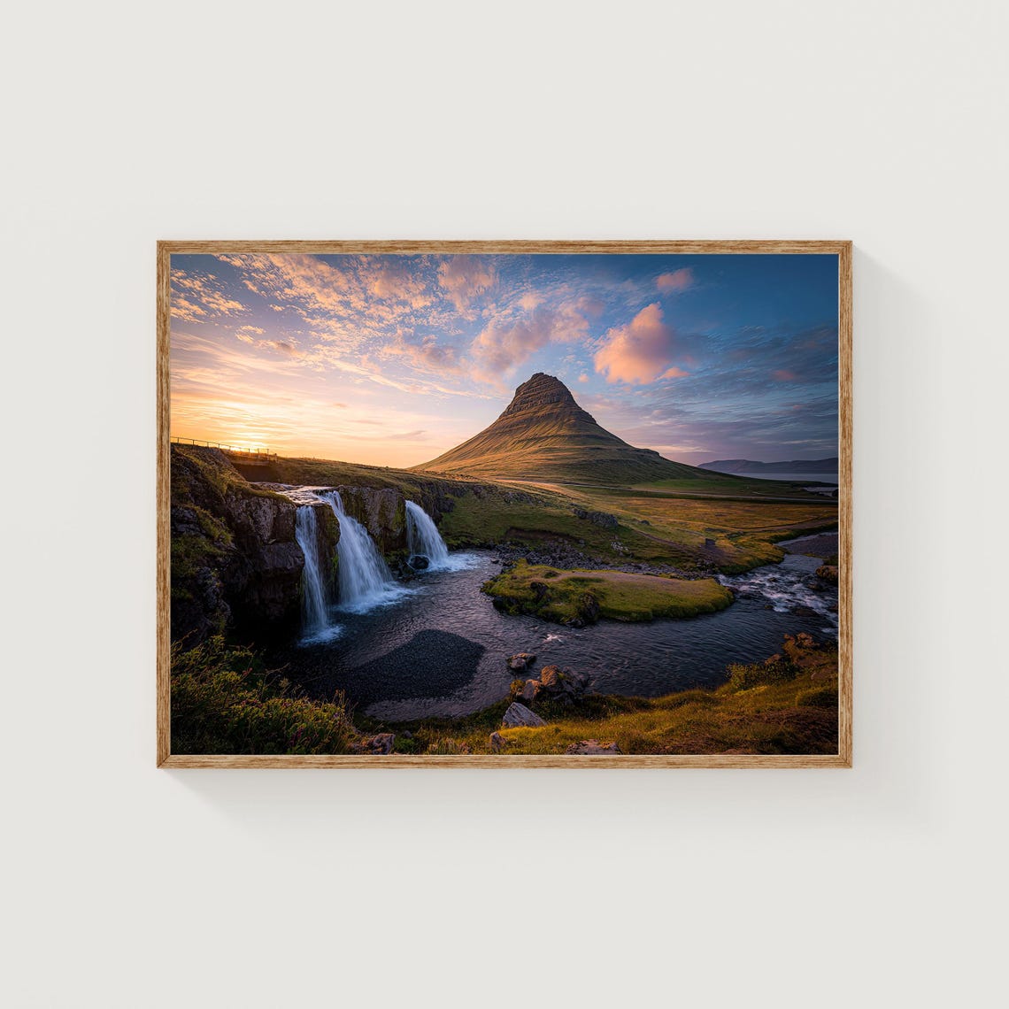 Kirkjufell Mountain Iceland Sunset Waterfall Golden Clouds Poster