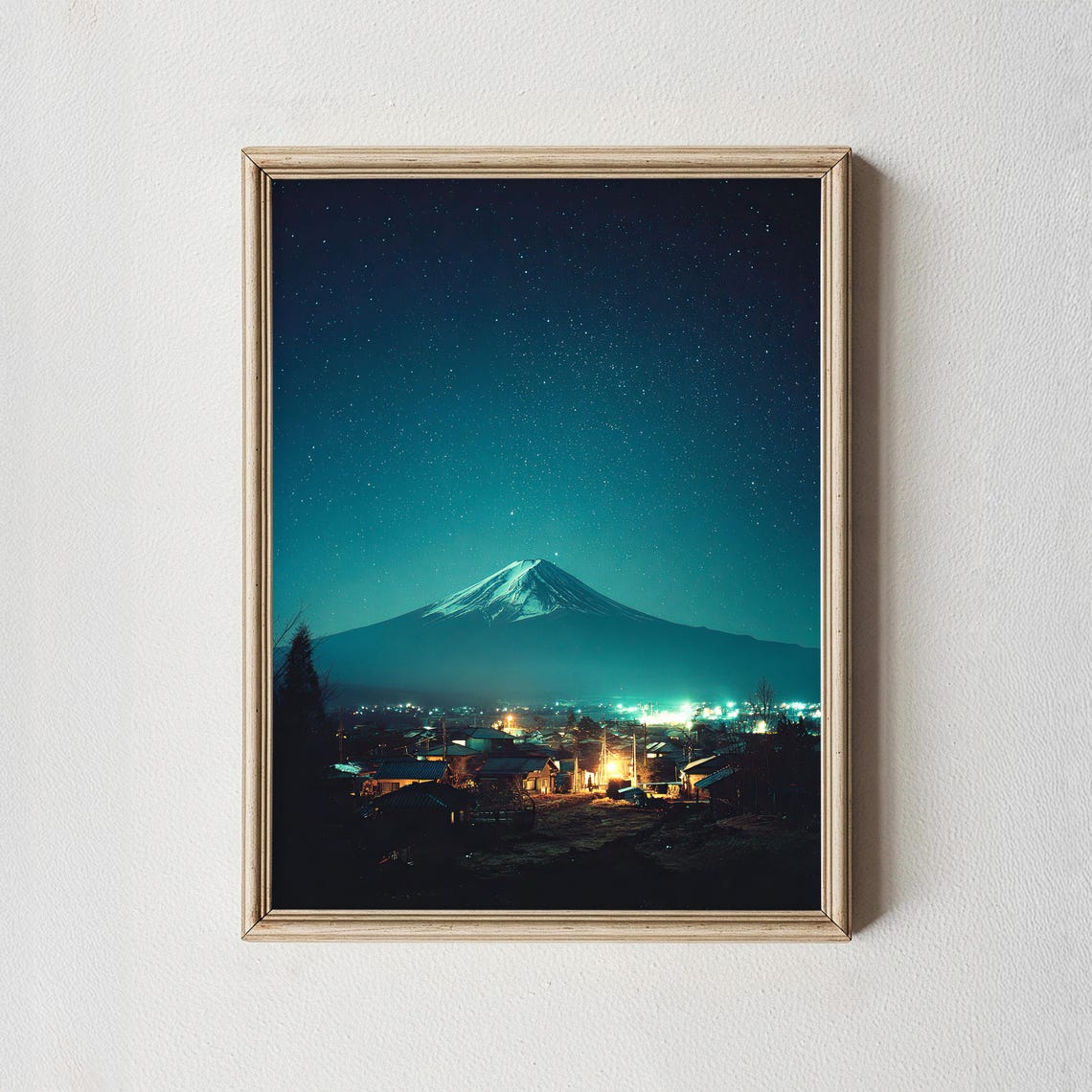 Mount Fuji Starry Night Snow Capped Peak Village Lights Poster
