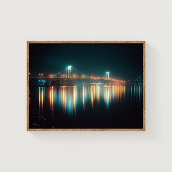Suspension Bridge Lights 35mm Film Night Photography City Reflection Wall Art Fine Print