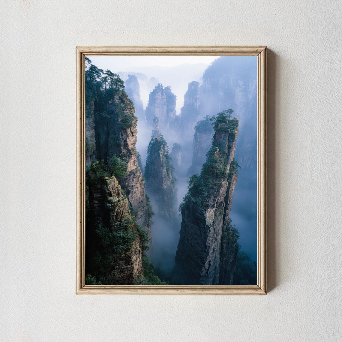 Misty Forest Stone Pillars Fog Mountain Peaks Nature Art Poster