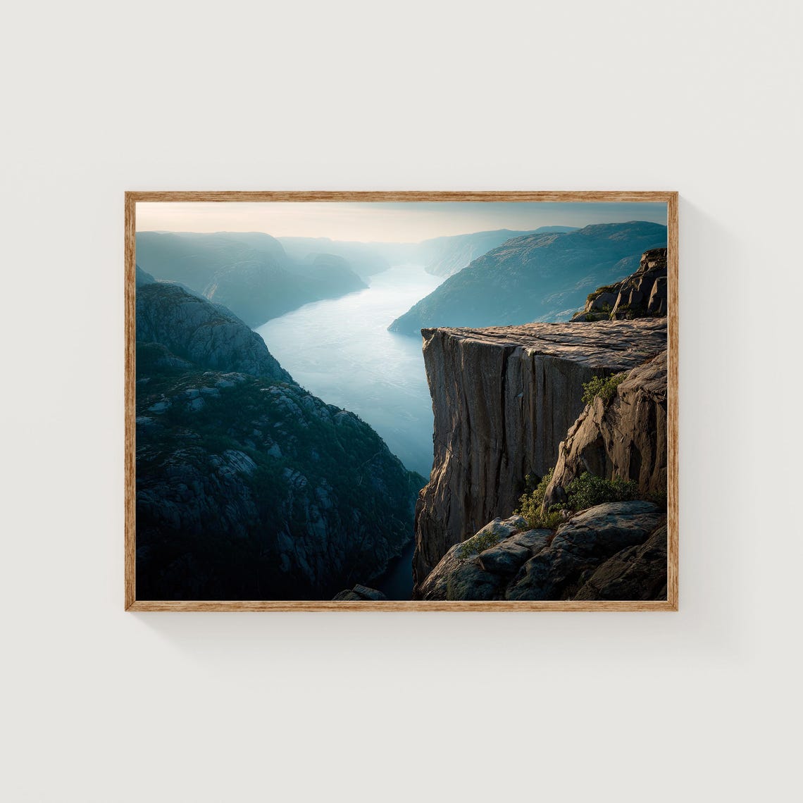 Dramatic Sea Cliff Fjord Overlook Misty Blue Mountain Landscape Poster