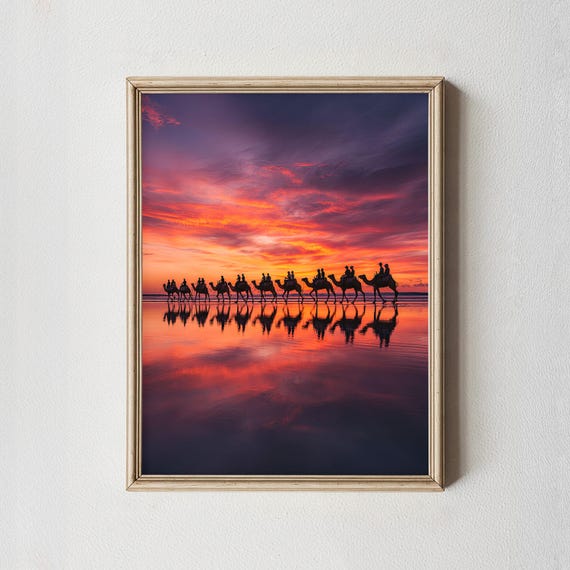 Camel Sunset Reflection Print Cable Beach Australia Coastal Art