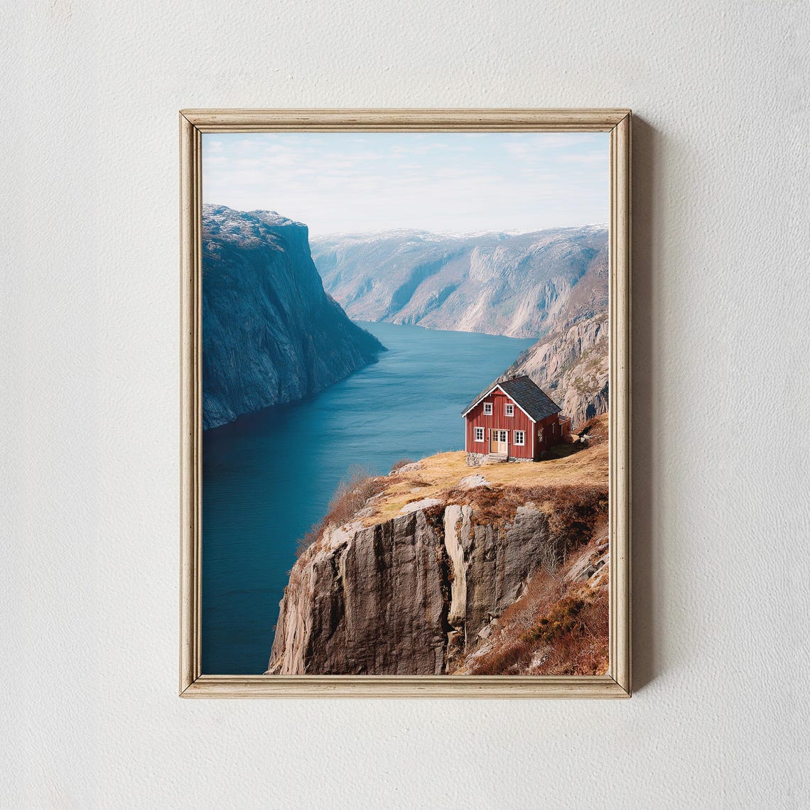 Norway Fjord Red Cabin Overlook Dramatic Cliff Seascape Wall Art