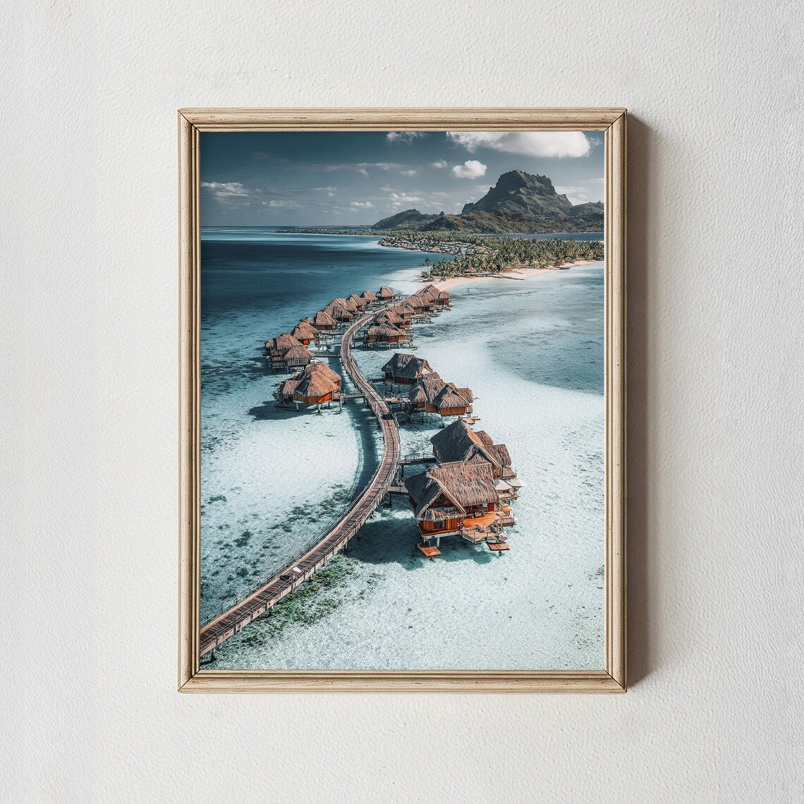 Overwater Bungalows Boardwalk Island Mountain Photo Art Poster