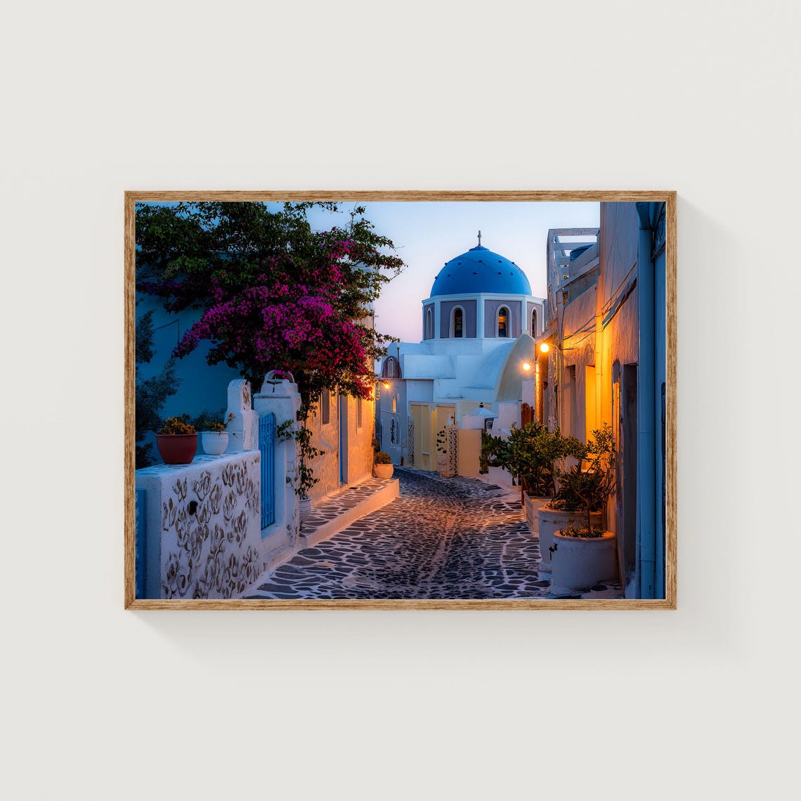 Santorini Greece Cobblestone Street Blue Dome Church Dusk Photo Poster