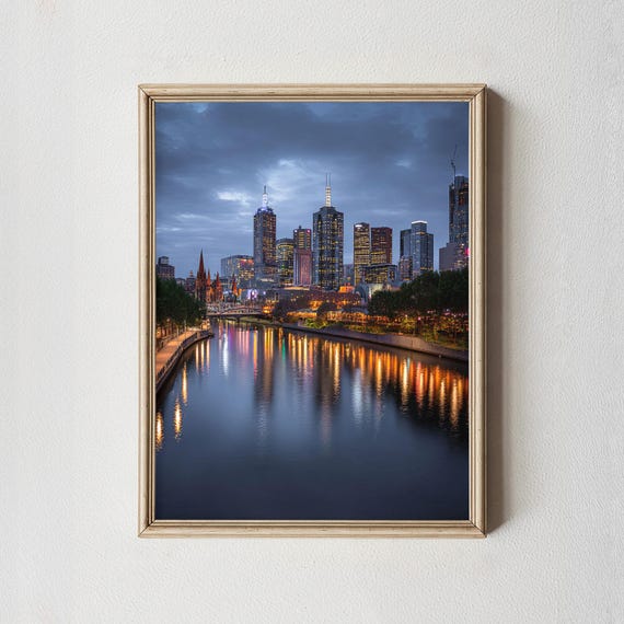 Melbourne Skyline Print Yarra River Night Reflections Australia Cityscape
