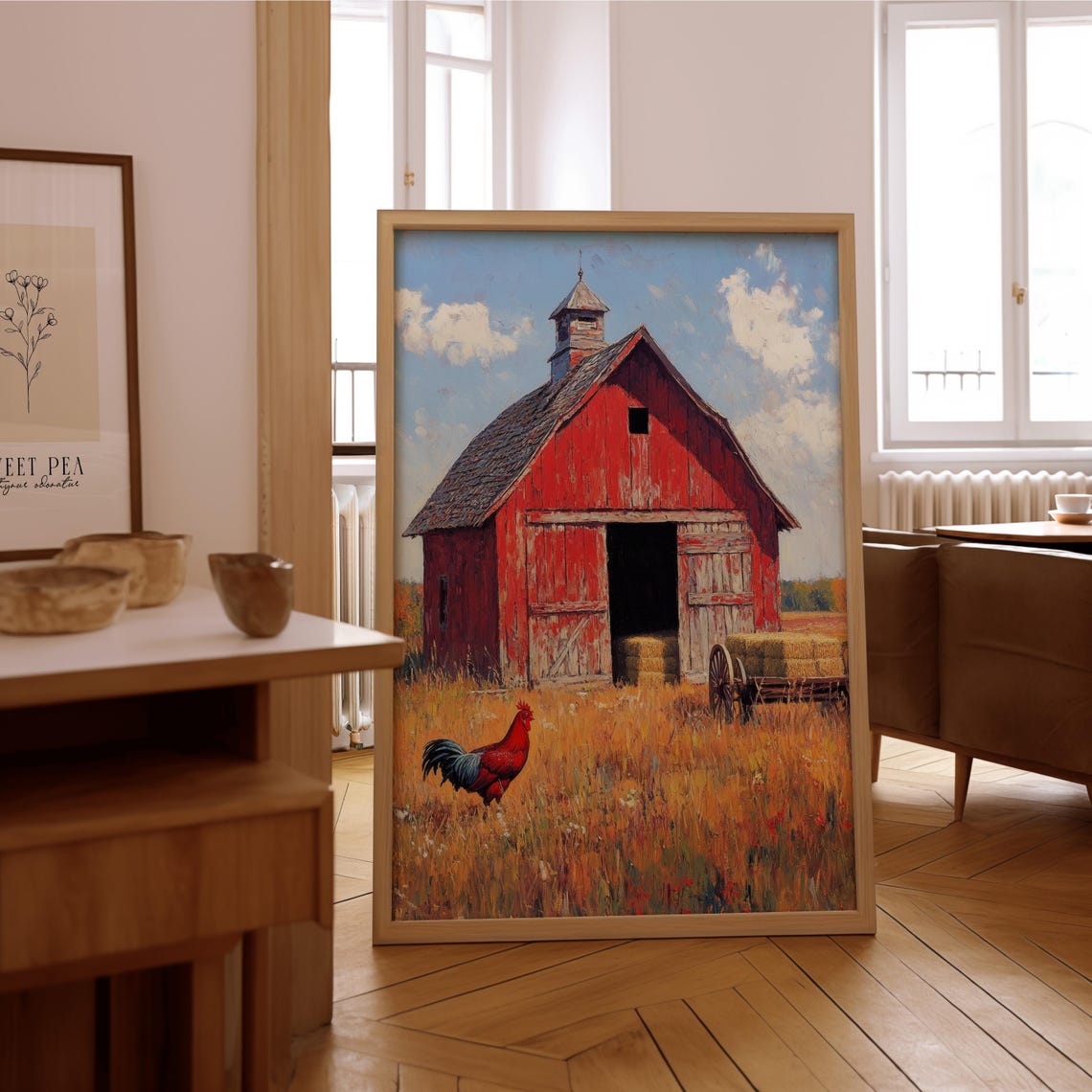Red Barn Rooster Wheat Field Rustic Farmhouse Oil Painting Print