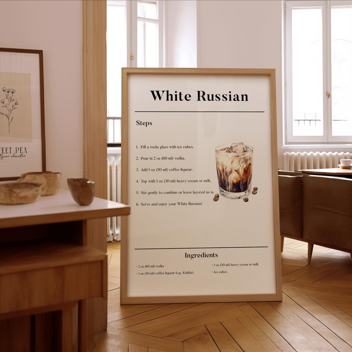 White Russian Cocktail Recipe Poster Classic Drink Guide Bar Art