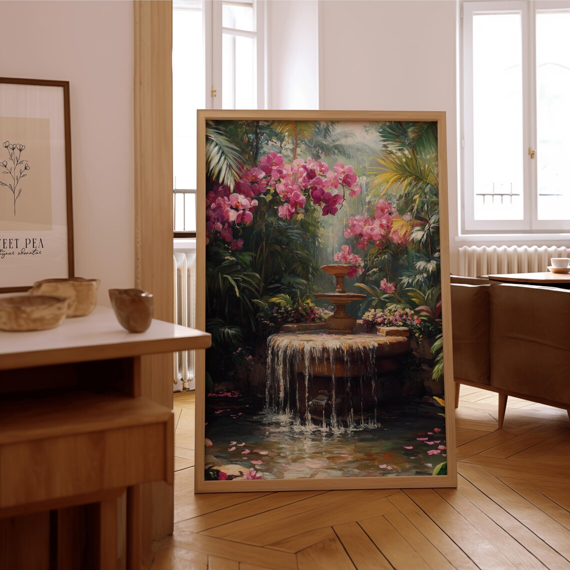 Tropical Waterfall Pink Orchids Jungle Garden Painting Poster
