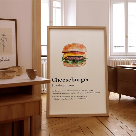 Cheeseburger Definition Print Watercolor Kitchen Foodie Gourmet Wall Decor