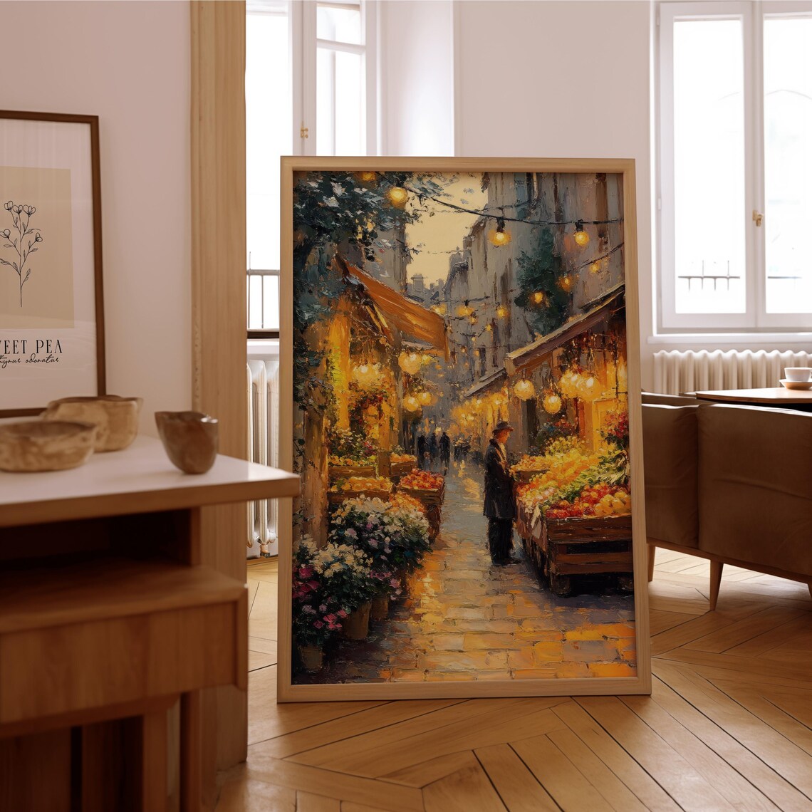 Evening Market Street Glowing Lanterns Impressionist Oil Painting Print
