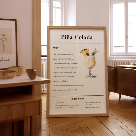 Piña Colada Cocktail Recipe Steps Illustrated Drink Guide Poster