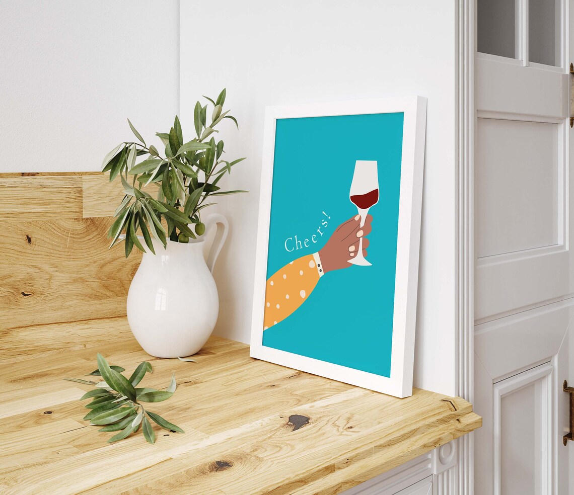 Cheers Wine Glass Toast Turquoise Kitchen Illustration Poster - Image 4