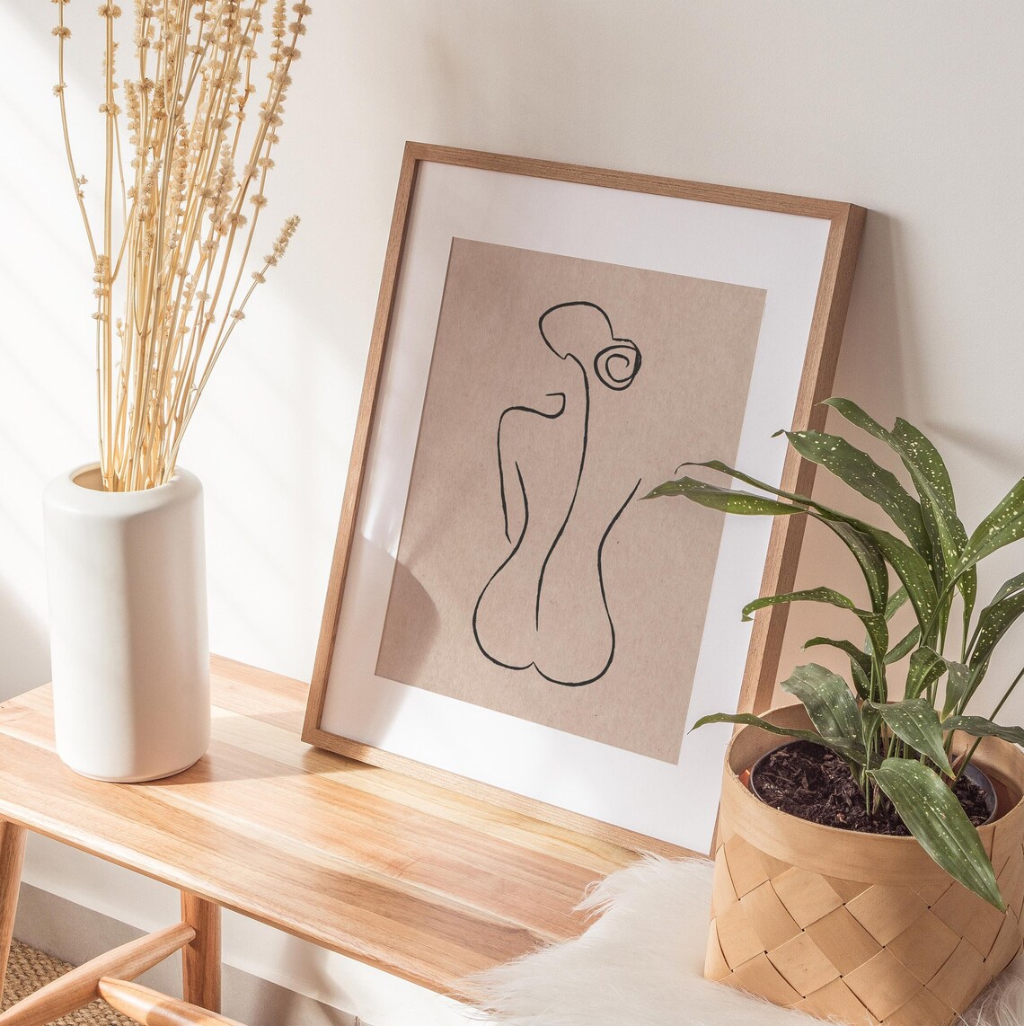 Minimalist One Line Female Nude Figure Beige Line Art Poster - Image 4