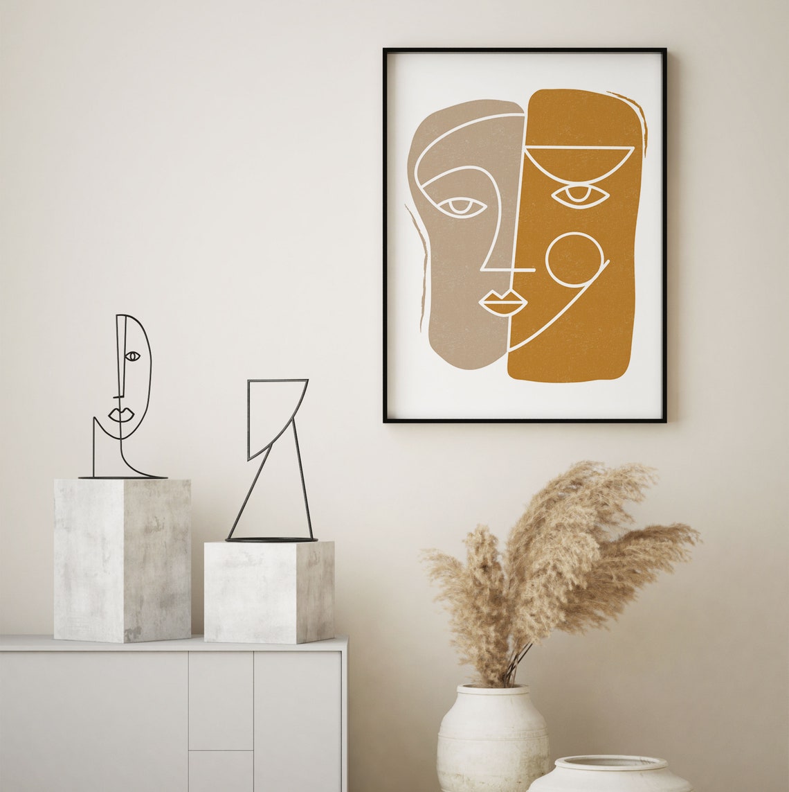 Boho Yellow Print Face Print Wall Art Print Mustard Print Line Art Print Boho Wall Art Abstract Print Wall Art - Image 2