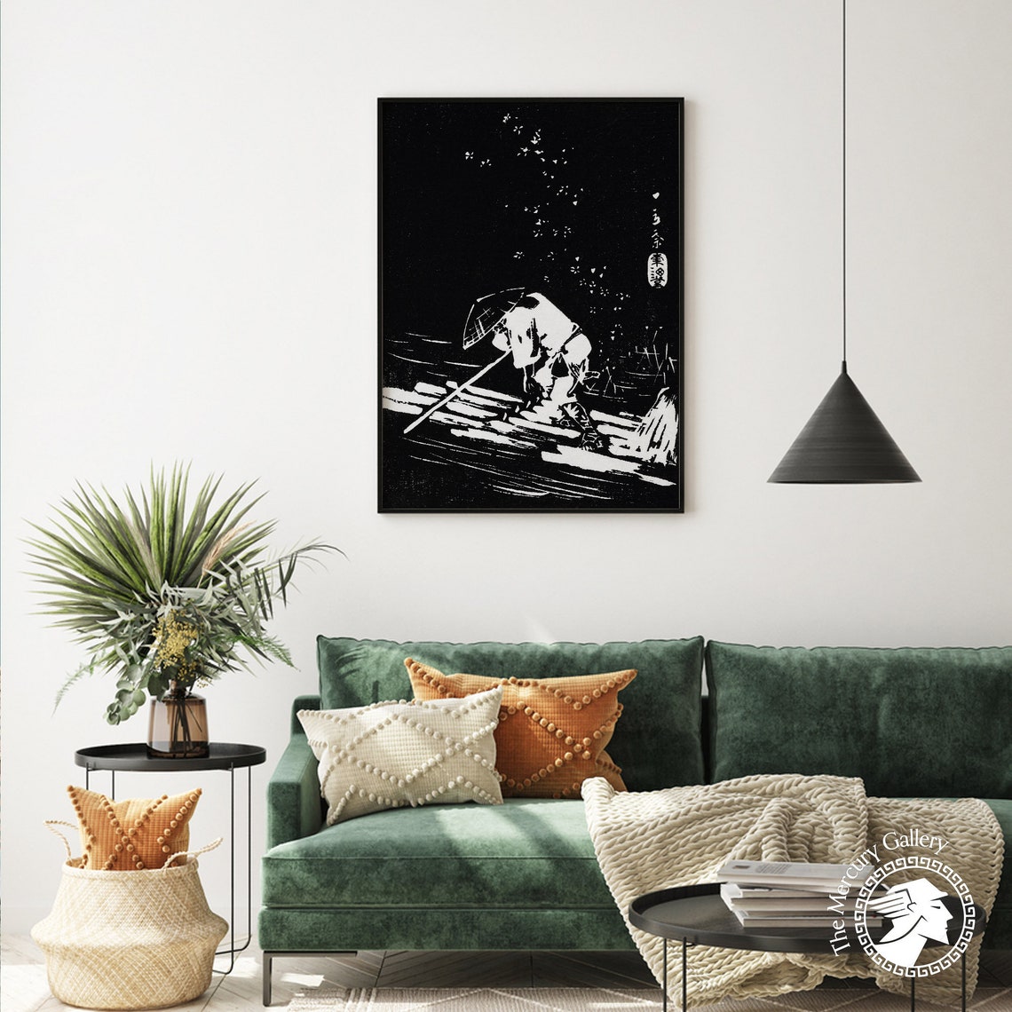 Man Rafting River Monochrome Japanese Woodcut Print Art Poster - Image 4