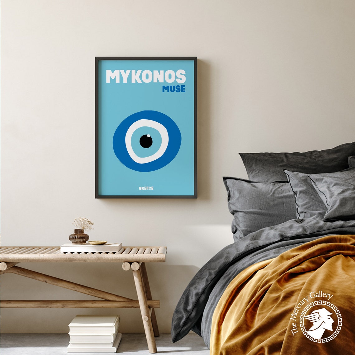 Mykonos Greece Muse Evil Eye Graphic Blue Modern Travel Poster Print - Image 3