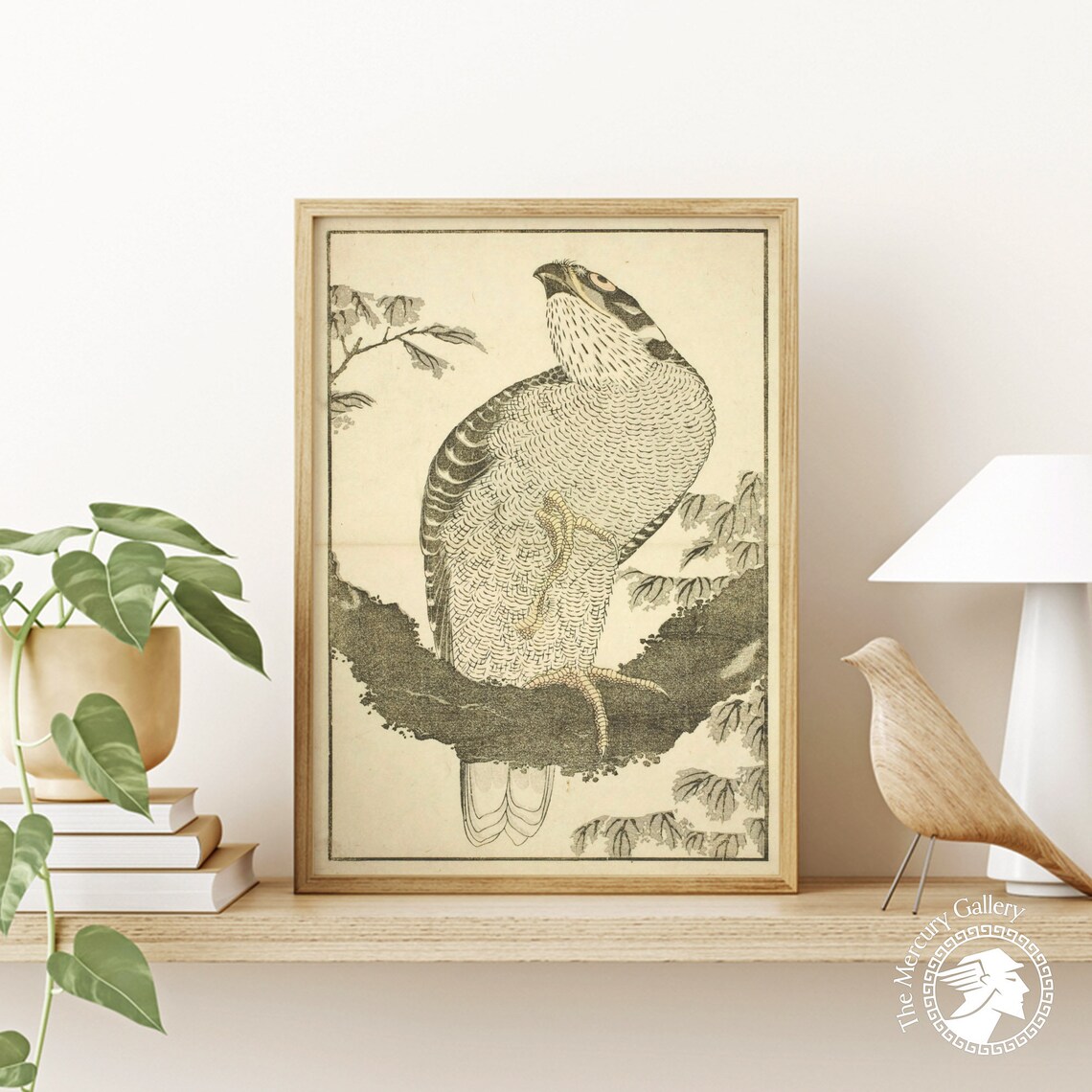 Hokusai Hawk Perched Branch Ink Sketch Japanese Bird of Prey Poster