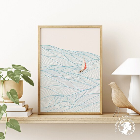 Minimalist Sailboat Red Sail Blue Line Waves Modern Ocean Art Poster
