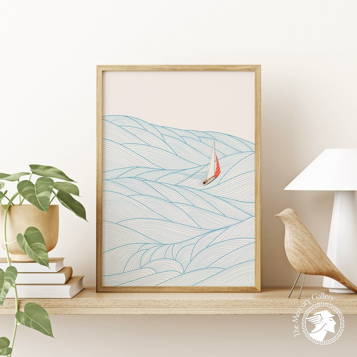 Minimalist Sailboat Red Sail Blue Line Waves Modern Ocean Art Poster