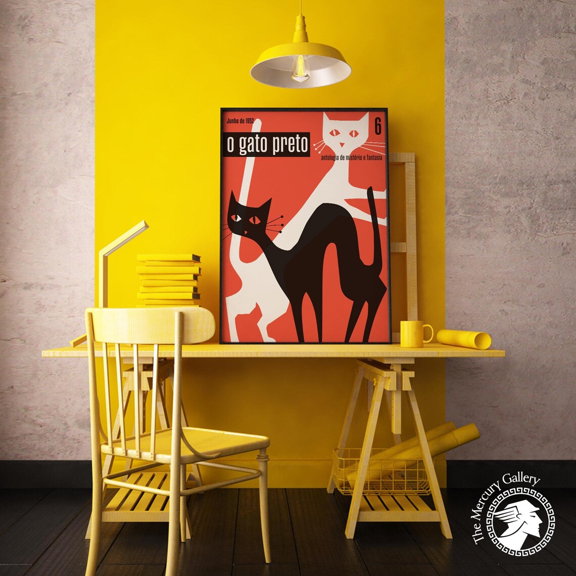 O Gato Preto 1952 Portuguese Magazine Cover Black Cat Red Vintage Art Poster - Image 5