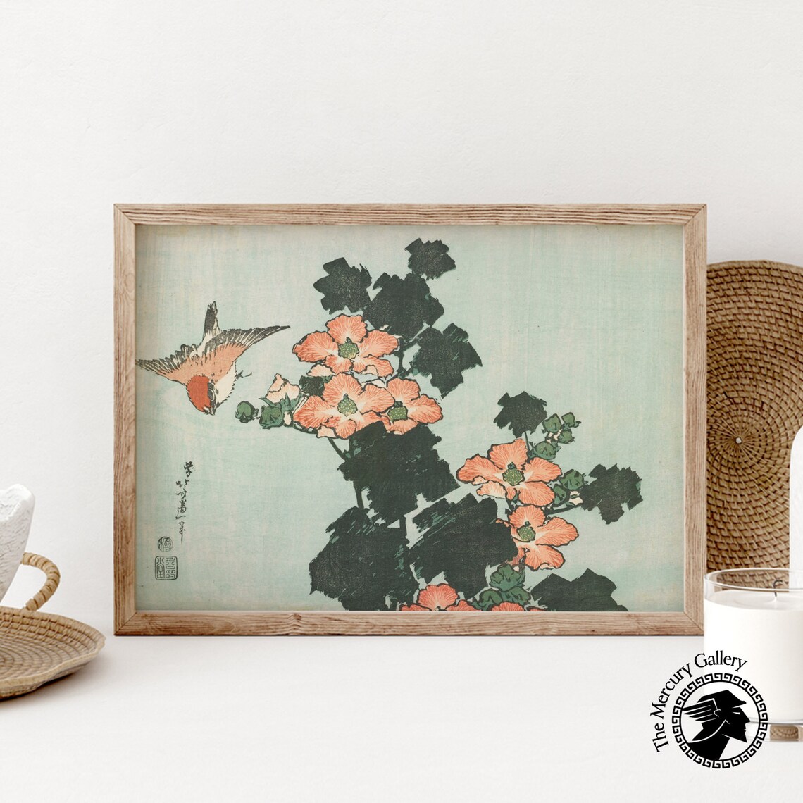 Bird Among Coral Blossoms With Dark Foliage Vintage Japanese Bird Art Poster