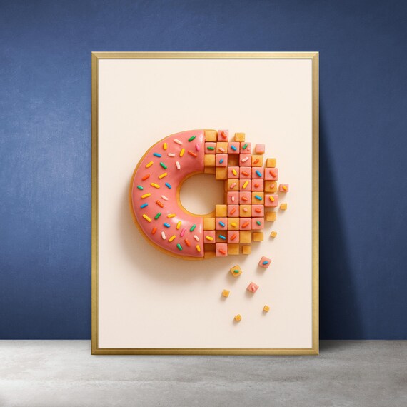 Pixel Art Pink Frosted Donut Sprinkles Minimal 3D Dessert Poster