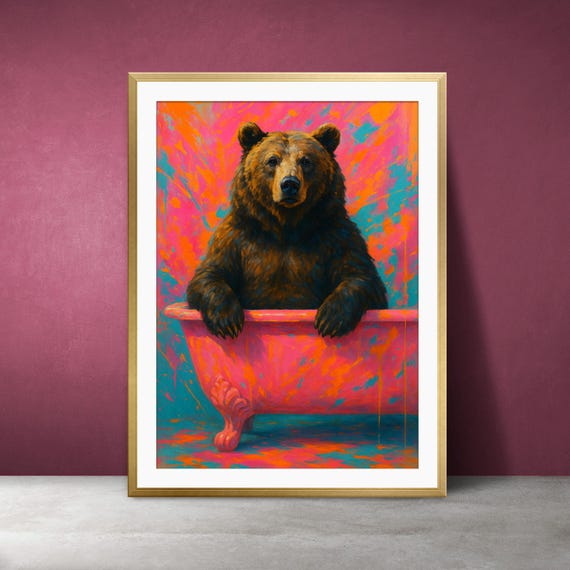 Bear In Bathtub Pop Art Print Whimsical Bathroom Wall Decor