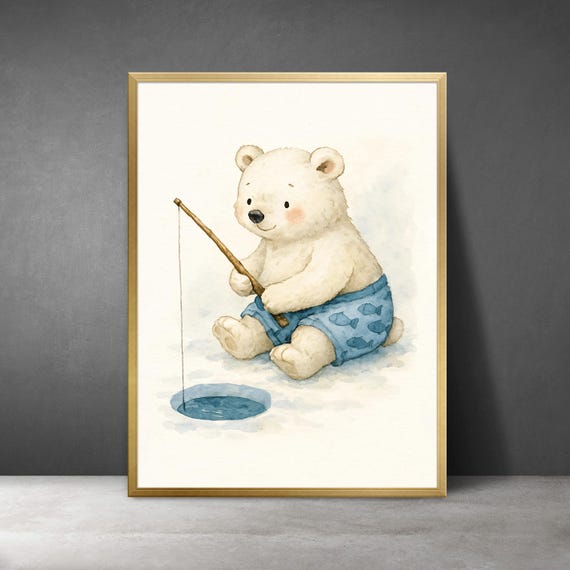Polar Bear Ice Fishing Nursery Print Arctic Animal Watercolor