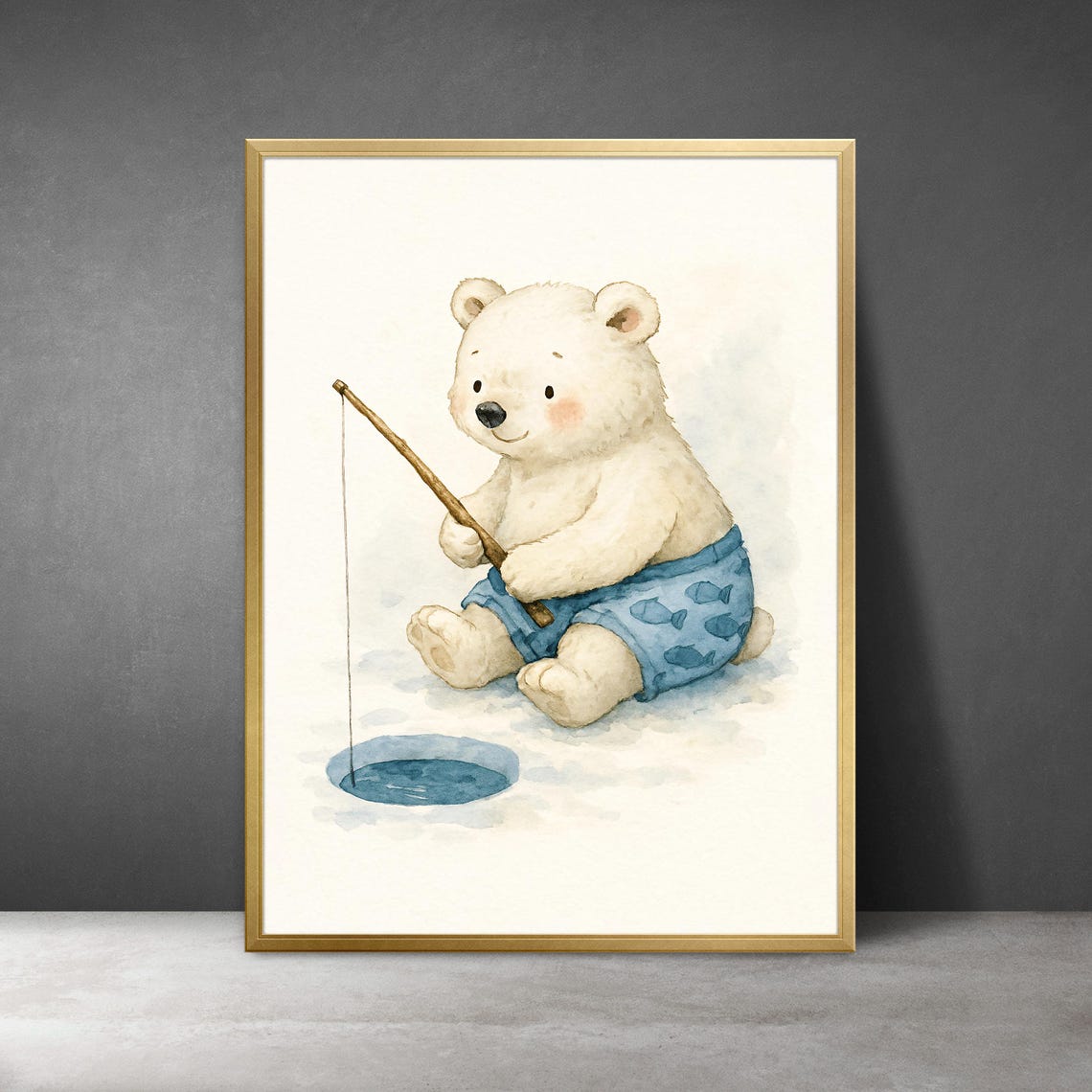 Polar Bear Cub Ice Fishing in Fish Shorts Cute Arctic Nursery Poster